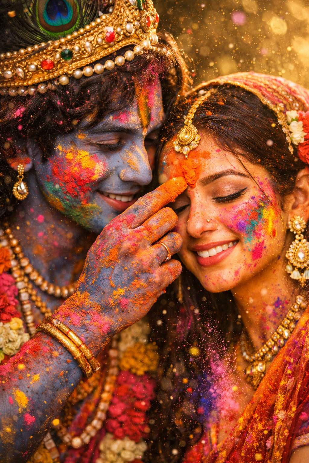 Romantic close-up of Krishna applying orange gulal tilak on Radha forehead during Holi celebration